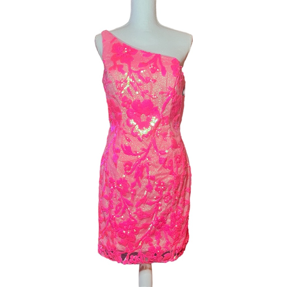 Bright Pink One Shoulder Strap Asymmetrical Party/Prom Dress